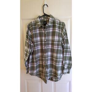 Gap Vintage Womens Long Sleeve Flannel Large, Green, Pink, White, Preppy Comfort
